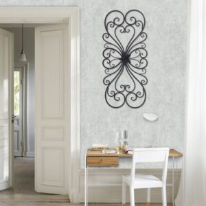Adeco Black Scrolled Flower Metal Wall Decor Art Oblong Living Room - 13.25" (L) x 1" (W) x 28.5" (H).